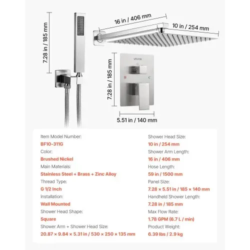 VEVOR Duscharmatur Regenduschsystem fürs Badezimmer Duschsystem mit 254 mm quadratischen Regenduschkopf & Handbrause, wandmontierte Badezimmerarmaturen mit Messingventil & Zierset, gebürstetes Nickel – Bild 6