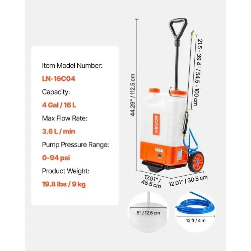 VEVOR Rucksacksprüher mit Wagen, Einstellbarer Druck 0–94 PSI, 15-Liter-Tank auf Rädern, mit 6 Düsen, 2 Zauberstäben, Weithalsdeckel für Garten, Jäten, Sprühen, Reinigen – Bild 6