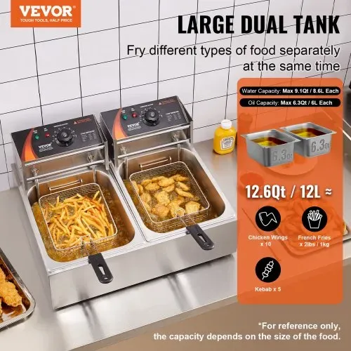 VEVOR Kommerzielle elektrische Fritteuse, 24 L große elektrische Fritteuse für die Arbeitsplatte mit herausnehmbarem Doppelkorb, 5000 W Doppelfritteuse aus Edelstahl für Küche, Restaurant VEVOR Kommerzielle elektrische Fritteuse, 24 L große elektrische Fritteuse für die Arbeitsplatte mit herausnehmbarem Doppelkorb, 5000 W Doppelfritteuse aus Edelstahl für Küche, Restaurant