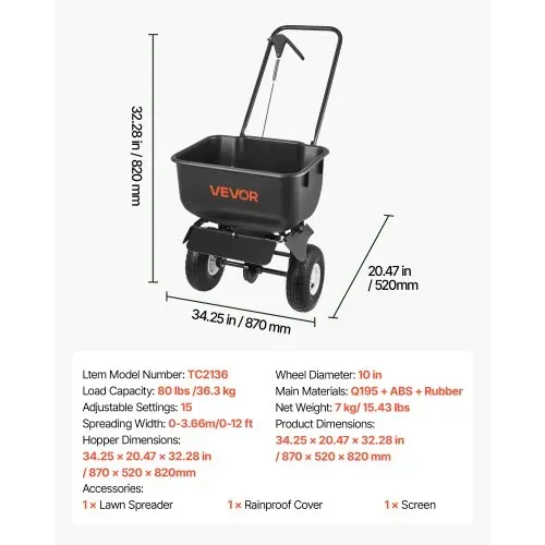 VEVOR Streuwagen 3,66 m Streubreite, Düngestreuer mit 36,3 kg Tragkraft & 10 Zoll Rädern, Schleuderstreuer als Aussaathilfe oder Düngerwagen für Saatgut, Dünger, Streusalz & Enteisungsmittel – Bild 6