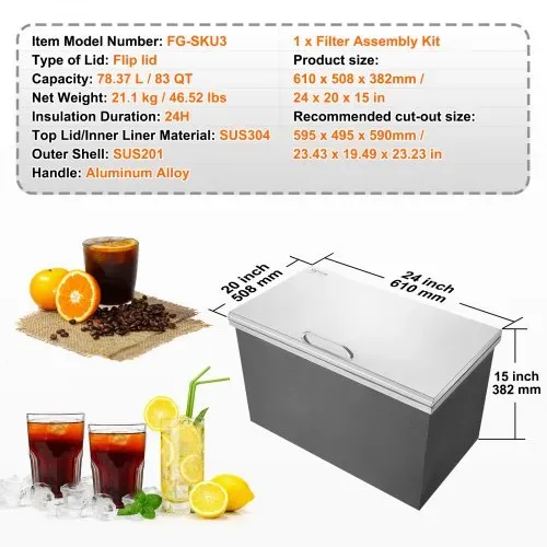 VEVOR Drop-in-Eisbox, 24 L Edelstahl-Eiskühler, 610 x 508 x 382 mm Kommerzieller Eisbehälter mit Klappdeckel, Eingebaute Eisspeichertruhe, Abflussrohr und Ablassstopfen im Lieferumfang Enthalten – Bild 6