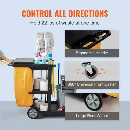 VEVOR Reinigungswagen Putzwagen mit 3 Fächern, Hygienewagen Reinigungswagen 90,7 kg Tragfähigkeit, Schwarz PP Wischwagen Systemwagen mit PVC-Müllsack, Geeignet für Büros, Einkaufszentren, Hotels – Bild 5