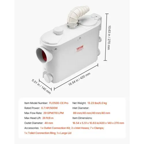 VEVOR Abwasser Hebeanlage 500W, 6600 L/H Durchfluss, 8 m Förderhöhe, Abwasserpumpe 2900U/min mit 3 Wassereinlässen für Keller Küche Spüle Dusche Badewanne, Wäscheabwasserentsorgung Aufspülmaschine – Bild 6