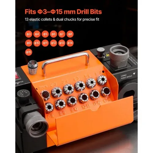VEVOR Bohrerschleifgerät MR-13B, 3-15 mm, mit einstellbarem Lippenfreiwinkel & 95°-135° Spitzenwinkel, 4600 U/min 120-W-Schärfgerät mit 13 Spannzangen, CBN- & SDC-Schleifscheiben – Bild 2