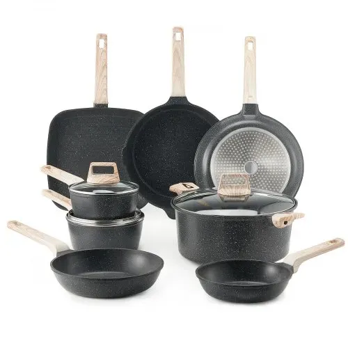VEVOR Induktion Töpfe Pfannen Set (19-teilig) mit Glasdeckel, antihaftbeschichtetes Kochgeschirr, Induktionskochtöpfe für die Küche im Wohnmobil zum Braten, Würzen von Soßen und Kochen (Schwarz) – Bild 9