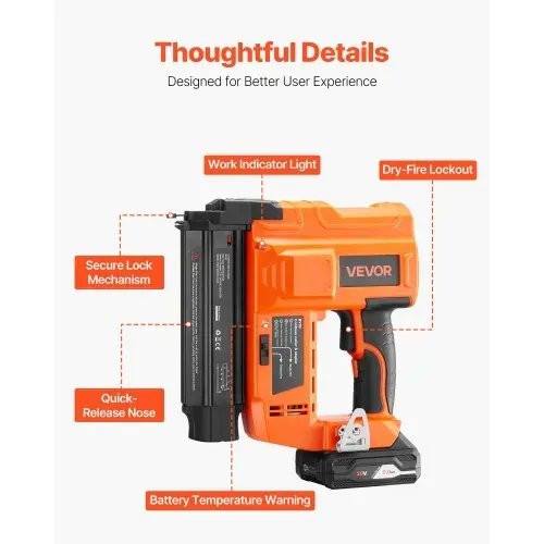 VEVOR Akku-Nagler 18 Gauge 20 V akkubetriebene Nagelpistole, 100 Nägel/min, mit 500 Nägeln & 2,0 Ah Lithiumbatterie & Ladegerät & einstellbarer Nageltiefe, für Heimwerkerarbeiten Holzbearbeitung – Bild 5