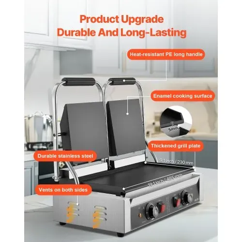 VEVOR kommerzieller Kontaktgrill 3600 W Elektrogrill Sandwichmaker (Doppelbackplatten) Panini Presse aus Edelstahl mit Temperaturregelung, 48 x 23 cm flache Emailleplatte, für Hamburger Steak Speck – Bild 2