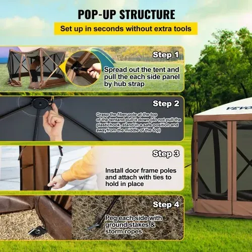 VEVOR Faltpavillon, 3,05 x 3,05 m, 6-seitiges Pop-up-Camping-Überdachungszelt mit Netzfenstern, tragbarer Tragetasche, Erdspießen, große gartenpavillon für Outdoor-Camping, Rasen und Hinterhof – Bild 3