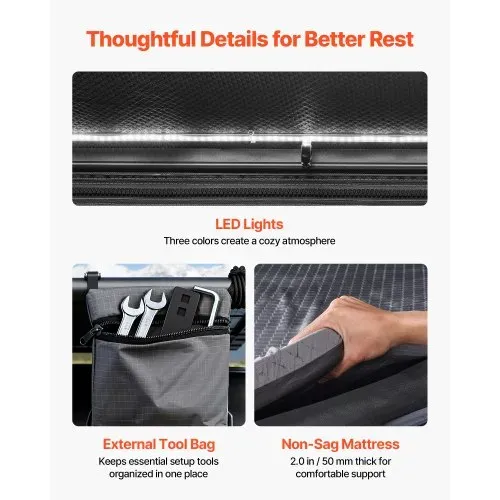 VEVOR Autodachzelt Hartschalen für 2-3 Personen, Campingzelt aus Aluminium mit Dreifarbiger LED-Beleuchtung & 1 Fenster, Wasserfest & Windicht, für Jeep SUV Pickup, 256 x 222 x 152 cm (Aufgeklappt) – Bild 5