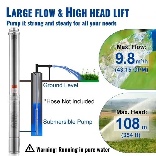 VEVOR Tiefbrunnen-Tauchpumpe, 2 PS/1500 W, 230 V/50 Hz, 9,8 m³/h Durchfluss, 108 m Förderhöhe, mit 9,1 m Stromkabel, Edelstahl-Wasserpumpen für Industrie, Bewässerung und Heimgebrauch, IP68-Wasserschutzklasse – Bild 2