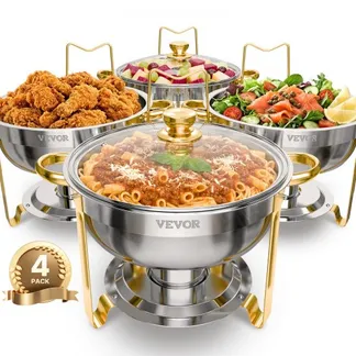 VEVOR Chafing Dish Buffet Speisenwärmer mit 4 Behältern in voller Größe (4,7 L), runder Catering-Wärmespender mit Glasdeckel & Wasserpfanne & klappbarer Ständer, für Hochzeiten Buffet Gold VEVOR Chafing Dish Buffet Speisenwärmer mit 4 Behältern in voller Größe (4,7 L), runder Catering-Wärmespender mit Glasdeckel & Wasserpfanne & klappbarer Ständer, für Hochzeiten Buffet Gold