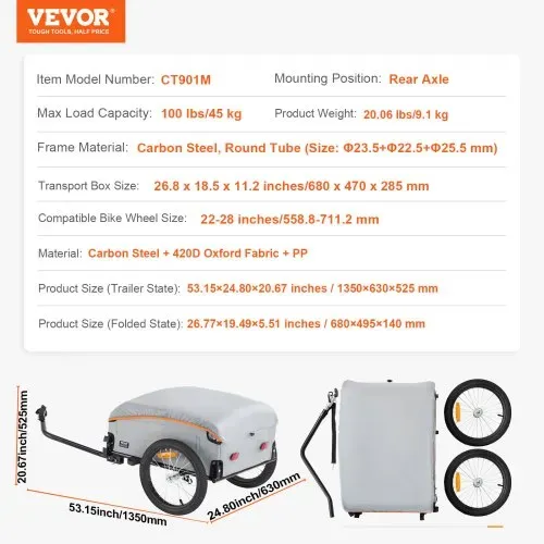 VEVOR Fahrradanhänger 45 kg, Lastenanhänger 1350 x 630 x 525 mm, Transportanhänger, faltbarer Fahrrad Lastenanhänger kompakter Stauraum mit Universalkupplung, zum Einkaufen, Campen & Picknicken – Bild 6