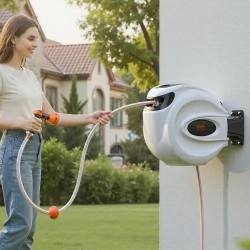 VEVOR Schlauchtrommel Wasser 35mx12mm mit Wandhalterung Tragegriff Schlauchaufroller mit 9-Muster-Sprühdüse & Gartenschlauch 180° Schwenkbar Wand-Schlauchbox mit Aufroll-Automatik Gießen Autowaschen – Bild 7