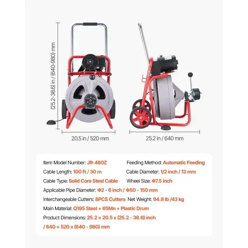 VEVOR Rohrreinigungsmaschine 30 m x 13 mm, Rohrreinigungsgerät mit Automatischem Vorschub, 8 Schneidwerkzeugen & Pneumatischem Fußschalter, Rohrreiniger für Rohrdurchmesser von 50 bis 150 mm – Bild 6