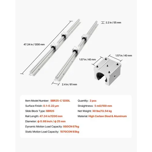 VEVOR Linearführungen SBR25, 2er-Pack 1200 mm Linearschienen & 4 Stk. Gleitlblöcke, vollumfänglich gelagerte Welle, Führungsschiene für Schneid-, Schleif-, Fräs- & Bohrmaschinen usw. – Bild 6