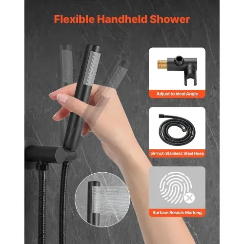 VEVOR Duscharmatur Regenduschsystem fürs Badezimmer Duschsystem mit 254 mm runden Regenduschkopf & Handbrause, wandmontierte Badezimmerarmaturen mit Messingventil & Zierset, Mattschwarz – Bild 2