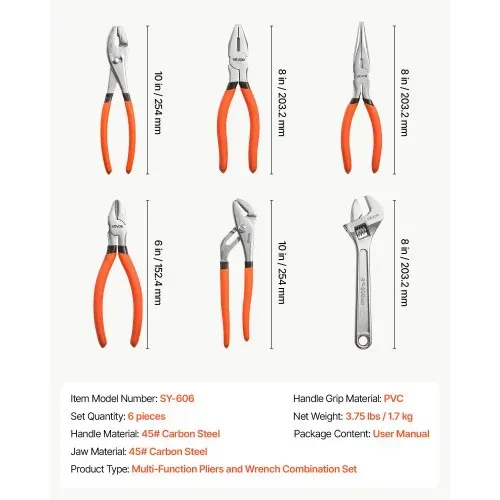 VEVOR Zangen- und Schraubenschlüssel-Set, 6-teiliges Universal-Set, polierte Backen aus Kohlenstoffstahl, Handwerkzeuge für Heimwerker und Haushalt, Nut- und Steckzange, Spitzzange, Kombinationszange, Seitenschneider, Schraubenschlüssel, ergonomische Griffe – Bild 6