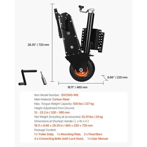 VEVOR Anhängerwagen Rangierhilfe, 227 kg Stützlast, 330–590 mm Höhe, 22,8 cm pneumatischer Gummireifen, manueller oder elektrischer Schlüsselantrieb, zum Bewegen von Wohnmobilanhängern – Bild 6