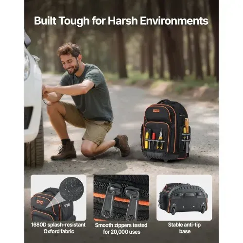VEVOR Werkzeugrucksack mit Rollen, 50 kg Tragkraft, 45 Taschen, Werkzeugtasche, verstellbarer Teleskopgriff und stabile Basis, Arbeitsrucksack-Organizer für Bau und Mechanik, 440x250x480 mm – Bild 2