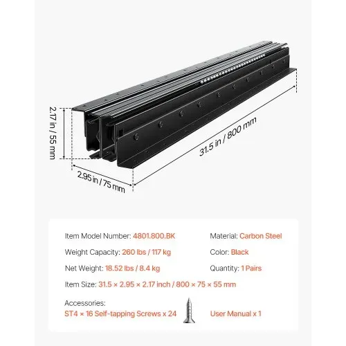 VEVOR Schubladenführungen Bodenhalterung, 80 cm, Vollauszug mit Kugellager unter Treppenschrankschienen, 118 kg Tragkraft, robuste Schienen für Treppenschrankunterseiten, zum Selberaustausch, schwarz – Bild 6