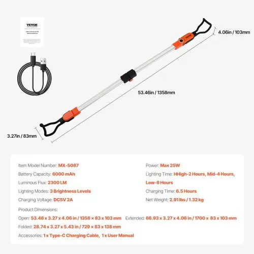 VEVOR Werkstattlampe 2300 LM, Arbeitsleuchte 6000 mAh, wiederaufladbares LED-Licht, Arbeitslampe für Mechaniker mit Haken, für Autoreparatur, Inspektion, Garage, Werkstatt, Notbeleuchtung – Bild 6