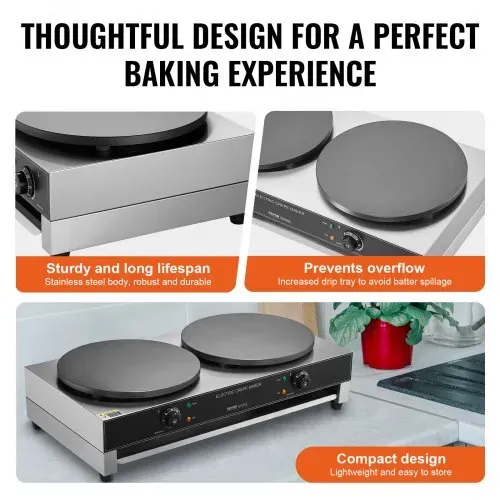 VEVOR elektrischer Crepemaker Crepe-Maschine mit Doppelkopf 6000 W flache Crepe-Grillplatte, Pfannkuchenherd aus Edelstahl, Cerealien-Pfannkuchenherd, Temperaturregelung (kein Stecker) – Bild 4