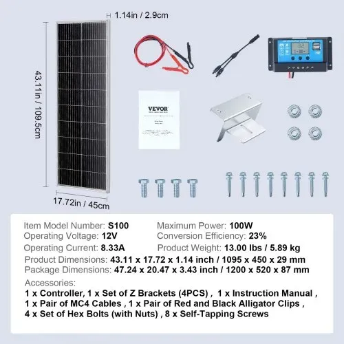 VEVOR 100W Solarpanel Kit 12V monokristallinen Solarmodul plus Laderegler 8,33A Solaranlage Umwandlungsrate von 23 % Kompatibel mit AGM-, GEL-, FLD-, LI-Batterien Ideal für Wohnmobile Yachten Zuhause – Bild 6