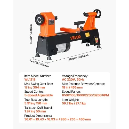 VEVOR Drechselbank 304 x 465 mm 3/4 PS Tischdrehbank mit 5 Drehzahlstufen für Tischbeine Spazierstöcke und Große Holzwerkstücke, 650/1100/1600/2200/3200 U/min, Thermoschutz und Robuster Metallrahmen – Bild 6