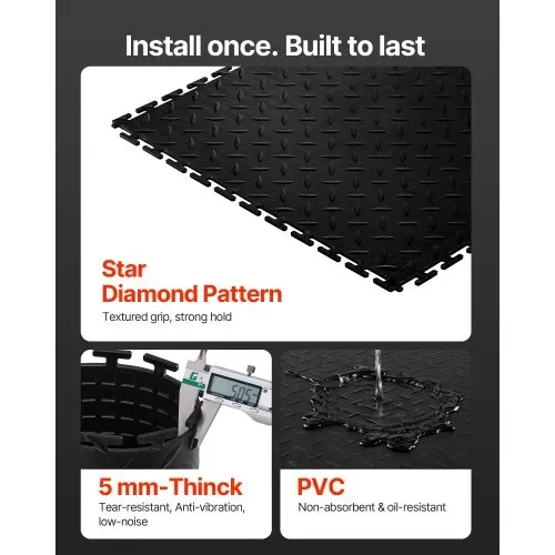 VEVOR PVC Garagenboden, 16er-Pack 513x513x5 mm, Werkstattboden, Industrieboden, Klick Verlegung, rutschfeste PVC-Matten mit Diamantplatte für Werkstatt, Lager, Werkzeugraum, Schwarz – Bild 2