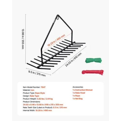 VEVOR Teichrechen, 610x215x355 mm, doppelseitiger Unkrautentfernungswerkzeug, Teichpflanzenschneider mit 9 m Seil, Befestigungsloch, kein Zusammenbau erforderlich, ideal für Teich, See, Bach – Bild 6