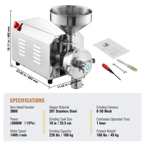 VEVOR Sojabohnenmühle kommerzielle Mahlmaschine für Gewürze 3000 W, 100 kg/h Effizienz Edelstahl-Maismühle, industrielle Mehlmühle für Pfeffer Sojabohnen Erdnüsse Maiskörner 605 x 290 x 460 mm – Bild 6