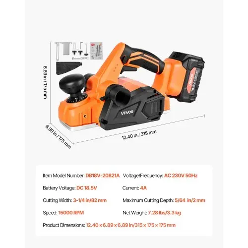 VEVOR Akku-Hobel, 82 mm Schnittbreite, 15000 U/min Elektrohobel für Holz mit 4,0 Ah 18 V Lithium-Akku, bürstenlosem Motor, einstellbarer Schnitttiefe, Staubfangbeutel, für die Holzbearbeitung – Bild 6