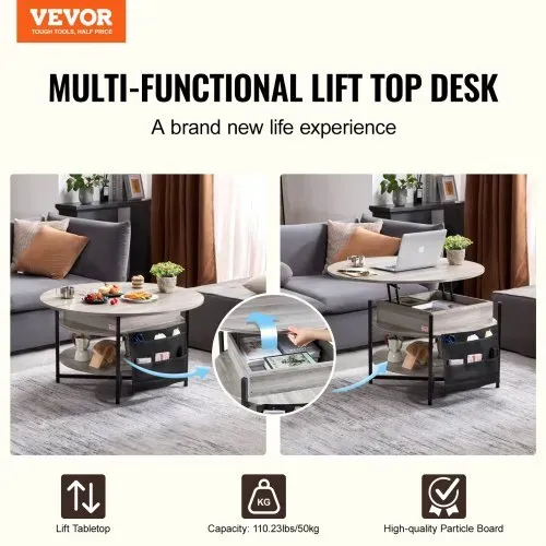 VEVOR Couchtisch mit anhebbarer Platte, 35,3 Zoll runder Couchtisch mit zusätzlichen Aufbewahrungstaschen, aufklappbarer Couchtisch für das Wohnzimmer, weiß VEVOR Couchtisch mit anhebbarer Platte, 35,3 Zoll runder Couchtisch mit zusätzlichen Aufbewahrungstaschen, aufklappbarer Couchtisch für das Wohnzimmer, weiß