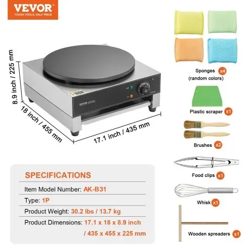VEVOR elektrischer Crepemaker Crepe-Maschine 3000 W flache Crepe-Grillplatte 40 cm, antihaftbeschichteter fannkuchenherd aus Edelstahl, runder Cerealien-Pfannkuchenherd, Temperaturregelung – Bild 6