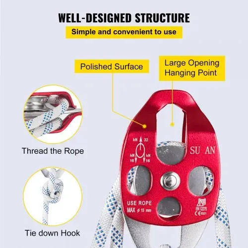 VEVOR Twin Sheave Block and Tackle 3492,66kg Pulley 457,2cm 1,27cm Double Braid Rope – Bild 5