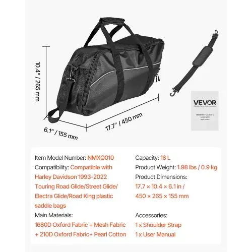 VEVOR Motorradtasche Satteltasche Innentasche 18 L Aufbewahrungstasche für Reisegepäck, kompatibel mit Harley Davidson 1993–2022 Touring Road/Street Glide/Electra Glide/Road King Satteltasche – Bild 6