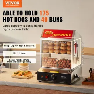 VEVOR Hot Dog Dampfgarer, 27L, 2-stufiger Hot Dog Hütten-Dampfgarer, 30℃~85℃ Temperaturregelung, elektrischer Brötchenwärmer mit Schiebetüren aus gehärtetem Glas, Trennplattenzange, Edelstahl, für Hot Dogs & Brötchen VEVOR Hot Dog Dampfgarer, 27L, 2-stufiger Hot Dog Hütten-Dampfgarer, 30℃~85℃ Temperaturregelung, elektrischer Brötchenwärmer mit Schiebetüren aus gehärtetem Glas, Trennplattenzange, Edelstahl, für Hot Dogs & Brötchen