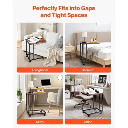 VEVOR Beistelltisch Kaffeetisch mit Metallrahmen rollbar, C-förmiger Couchtisch für Wohnzimmer Schlafzimmer Büro 500 x 350 x 605 mm TV-Tablett, Wohzimmertisch Sofatisch Braun und Schwarz – Bild 5