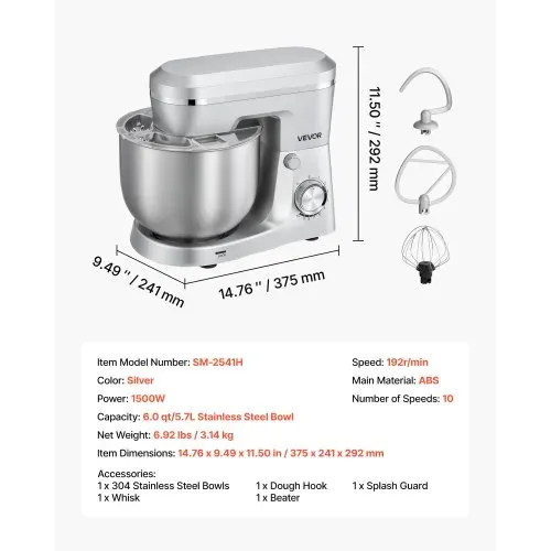 VEVOR Knetmaschine Küchenmaschine zum Backen, 1500 W Teigmaschine mit Edelstahlschüssel (5,7 L) & Knethaken & Rührbesen & Schneebesen, 10-Gang einstellbare kippbare Rührmaschine Standmixer – Bild 6
