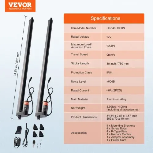 VEVOR 2Stk. 12V Linearaktuator-Kit 76,2cm 0,89cm/s 99,79kg/1000N IP54-Schutz – Bild 6