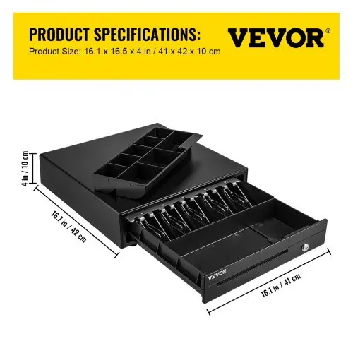VEVOR Kassenschublade Kassenlade 40,64 cm quadratische Geldschublade 3 Entriegelungswege RJ11/RJ12 Anschluss 5 Geldscheinfächer & 8 Münzfächer Lebensmittelgeschäft Bank Büro Café Supermärkt Bar – Bild 6