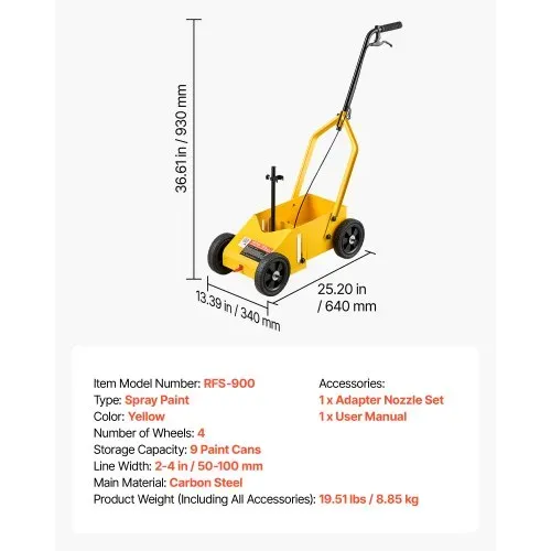 VEVOR Markierungswagen Linien-Markiergerät Linemarker 9 Spraydosen Gelb, Bodenmarkierung für Parkplatz Werkstatt Straße Einkaufszentrum Sportplatz 50–100 mm Einstellbare Linienbreite mit Adapterdüse – Bild 6
