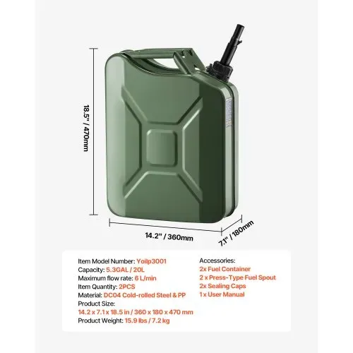 VEVOR Kraftstoffkanister, 20 L, Benzinkanister mit Ausguss & Komfortgriff, max. Durchflussrate 6 l/min, Metall-Benzintank für die meisten Autos, Motorräder, ATVs & UTVs, grün, 2er-Pack – Bild 6