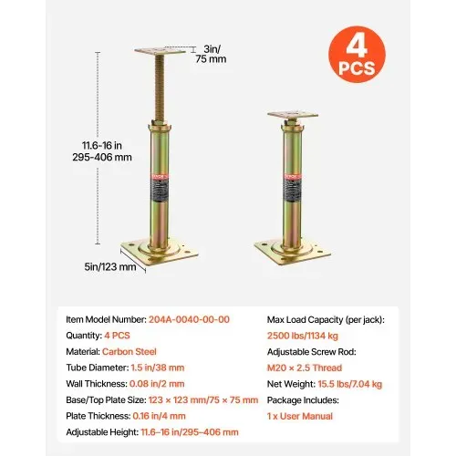 VEVOR Wagenheber für den Hausgebrauch, 4er-Pack, Höhenbereich von 29,4 bis 40,6 cm, maximale Tragkraft pro Einheit: 1000 kg, verstellbarer Stützbalken zum Nivellieren, verzinkter Teleskopwagenheber für vorübergehende Unterstützung – Bild 6