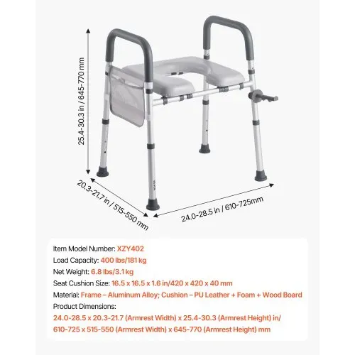 VEVOR Toilettensitzerhöhung Toilettenerhöhung (verstellbare Höhe & Breite) mit Armlehnen & 181 kg Tragkraft & 4 Beinen, erhöhter Toilettensitz für ältere Menschen Senioren Behinderte Schwangere – Bild 6
