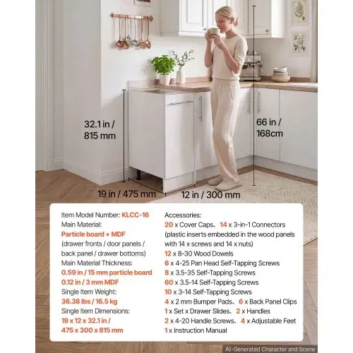 VEVOR Unterschrank 300x475x815 mm BxTxH Spanplatte Küchenunterschrank Weiß für Waschküche & Bad, ohne Arbeitsplatte, im Shaker-Stil, mit einer Schublade, Soft-Close-Mechanismus & Kantenverarbeitung – Bild 6