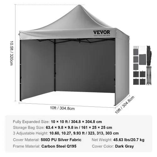 VEVOR Pavillon 304,8x304,8x320cm Gartenzelt 500D PU-Silber-Gewebe Faltpavillon höhenverstellbar inkl. Aufbewahrungstasche Partyzelt 6-8 Personen Pop up Zelt Faltzelt Gartenpavillon für Campingausflug – Bild 6