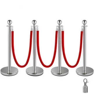 VEVOR Edelstahl Absperrpfosten Seil Abgrenzungsständer Kugelkopf 3 Rote Samtseile Silberne Säule 4 Packung Crowd Control Barriers VEVOR Edelstahl Absperrpfosten Seil Abgrenzungsständer Kugelkopf 3 Rote Samtseile Silberne Säule 4 Packung Crowd Control Barriers
