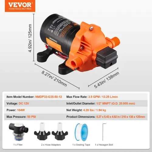 VEVOR 12-V-Membranpumpe, 13,25 L/min, 3-Kammer-DC-Wasserpumpe mit automatischem Druckschalter 40–100 PSI einstellbar, 50 PSI, 1/2 Zoll MNPT-Anschluss, für Wohnmobil, Yacht, Imbisswagen, Camper, Marine – Bild 6