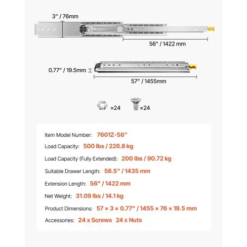 VEVOR 1 Paar Schubladenschienen mit Vollauszug 1422 mm, 226 kg Tragkraft, Schubladenführungen, Doppelverriegelungsdesign, seitlich montierte Teleskopschienen für Regale, Schränke, Industrieschubladen – Bild 6